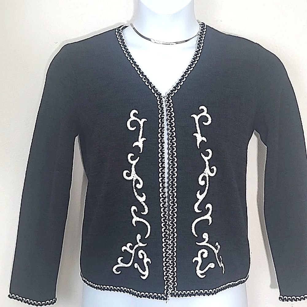 db Collection Black White Embroidered Blazer Hook Eye Closure Small Petite Vinta